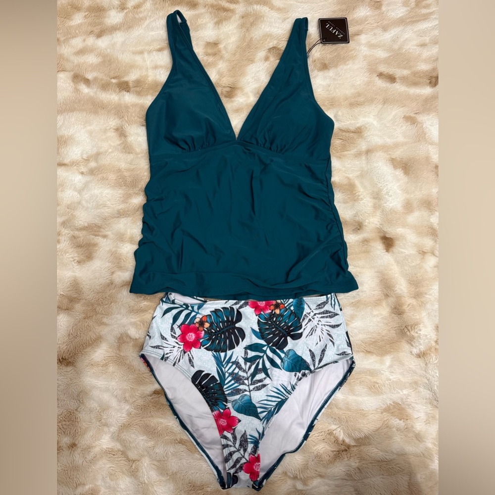 Teal Two-Piece Swimsuit with Floral Bottom